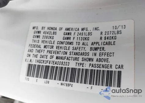 2014 Honda Accord Ex-L V-6 из США, поврежденный, VIN 1HGCR3F87EA009203